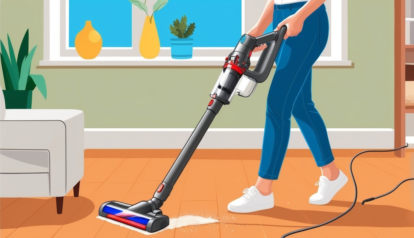 Une personne utilisant un aspirateur balai sans fil pour le nettoyage quotidien