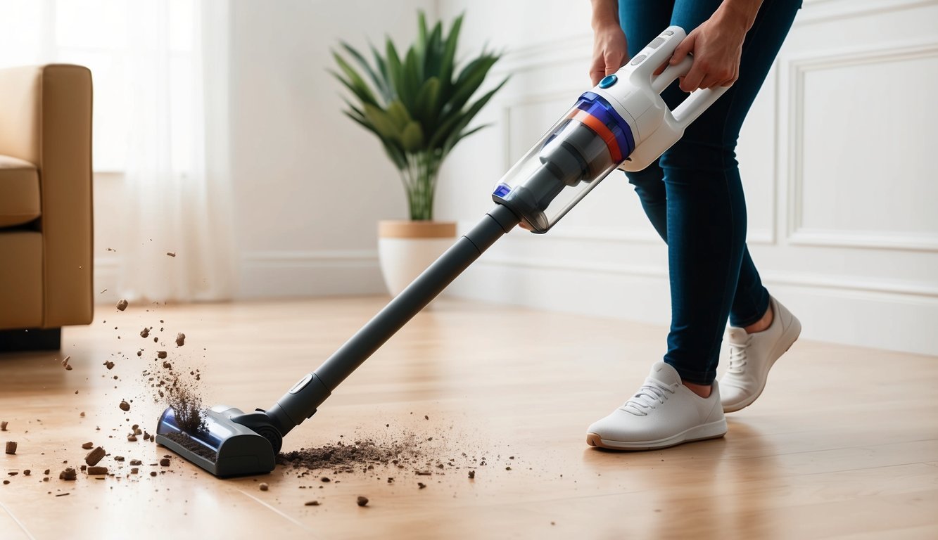 Un puissant aspirateur balai sans fil en action, aspirant la saleté et les débris d'un sol propre.