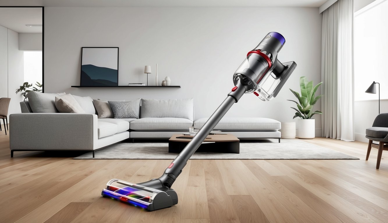 Un aspirateur sans fil élégant, le Smoture 550, dans un salon moderne avec des sols en bois franc et une décoration minimaliste.