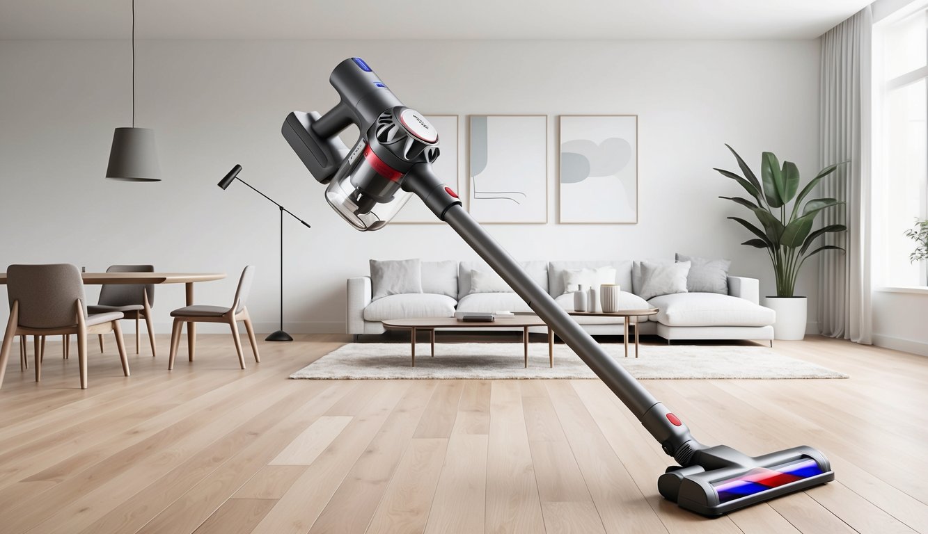 Un aspirateur sans fil moderne et élégant (smoture 550) dans un salon propre et spacieux avec un parquet en bois et des meubles minimalistes.