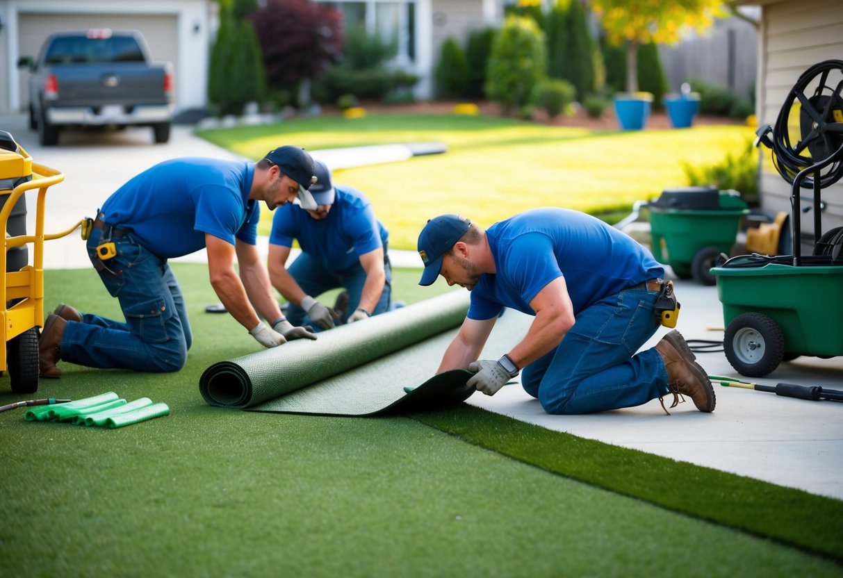 A team of workers installs artificial turf in a residential yard, unrolling and securing the material while machinery and tools are scattered around the area
