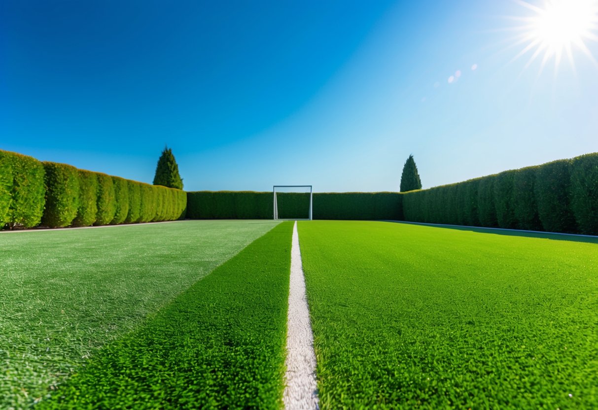 A lush, vibrant artificial turf field stretches out under a clear blue sky, surrounded by neatly trimmed hedges and trees. The sun shines down, highlighting the durability and longevity of the synthetic grass