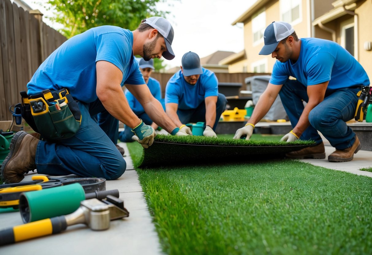 A team of workers carefully laying down artificial turf in a residential backyard, surrounded by tools and equipment