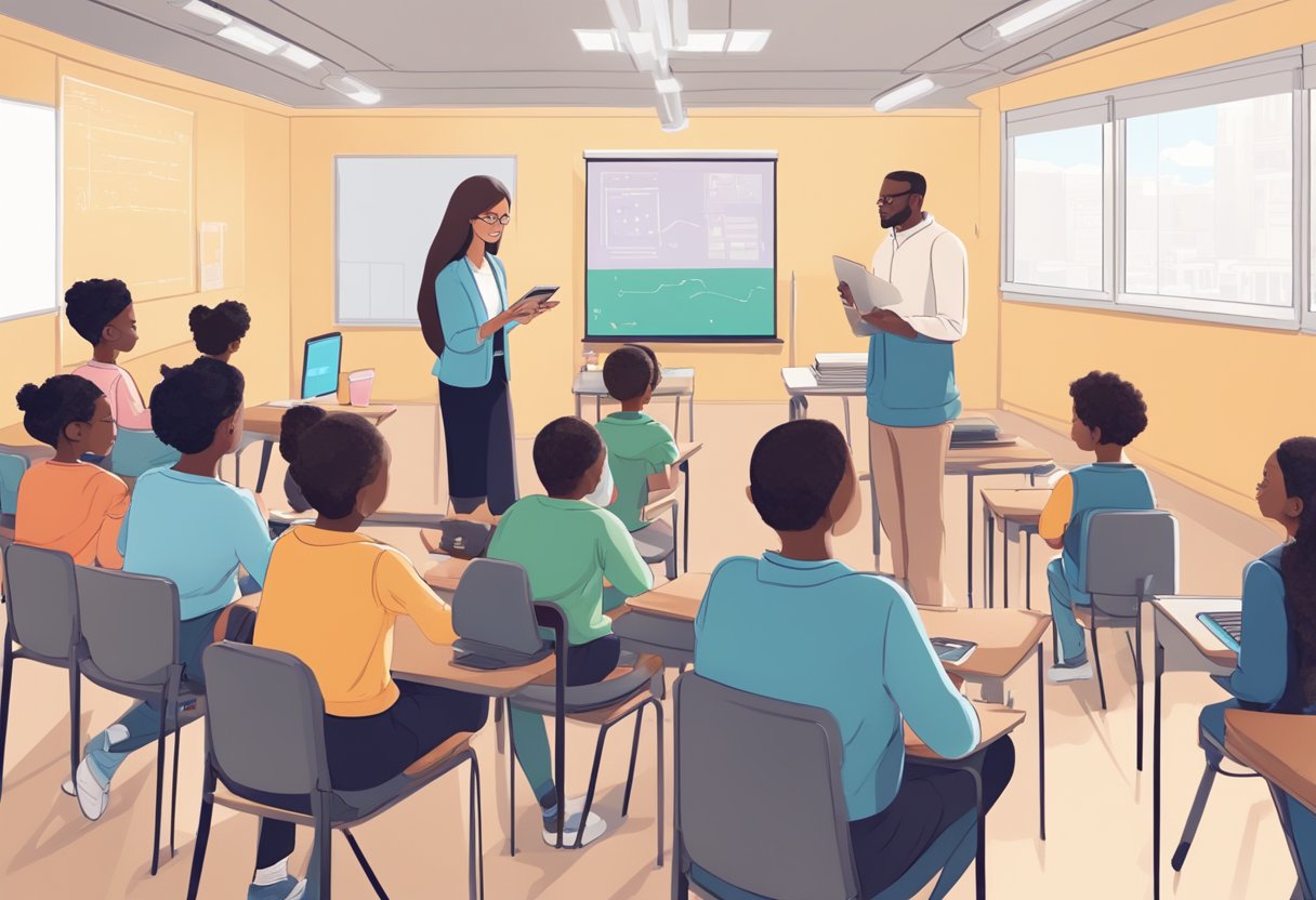 A classroom setting with a teacher using various AI tools on a digital device while students look on with interest