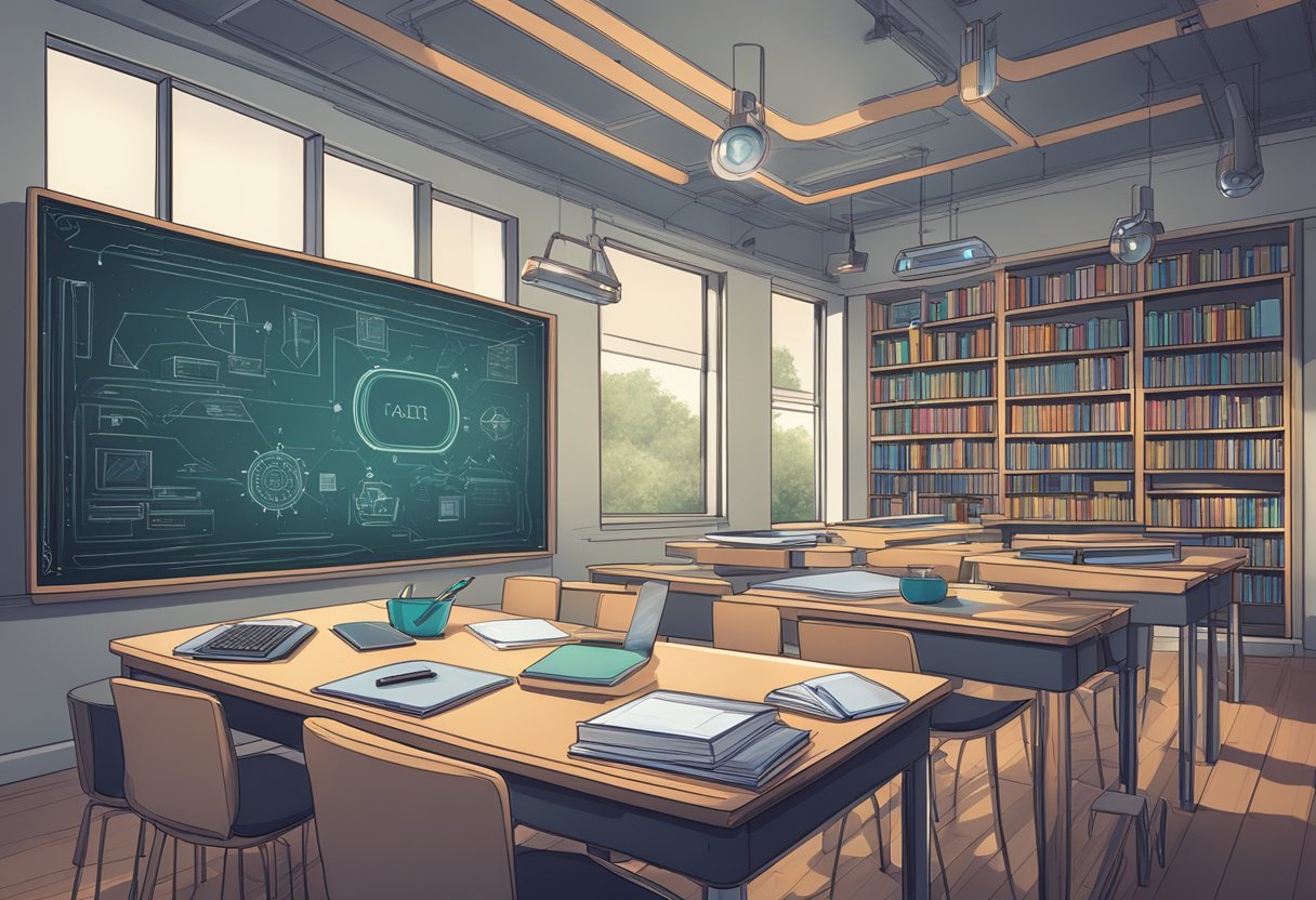 A futuristic classroom with AI tools floating around a digital chalkboard, surrounded by books and writing materials