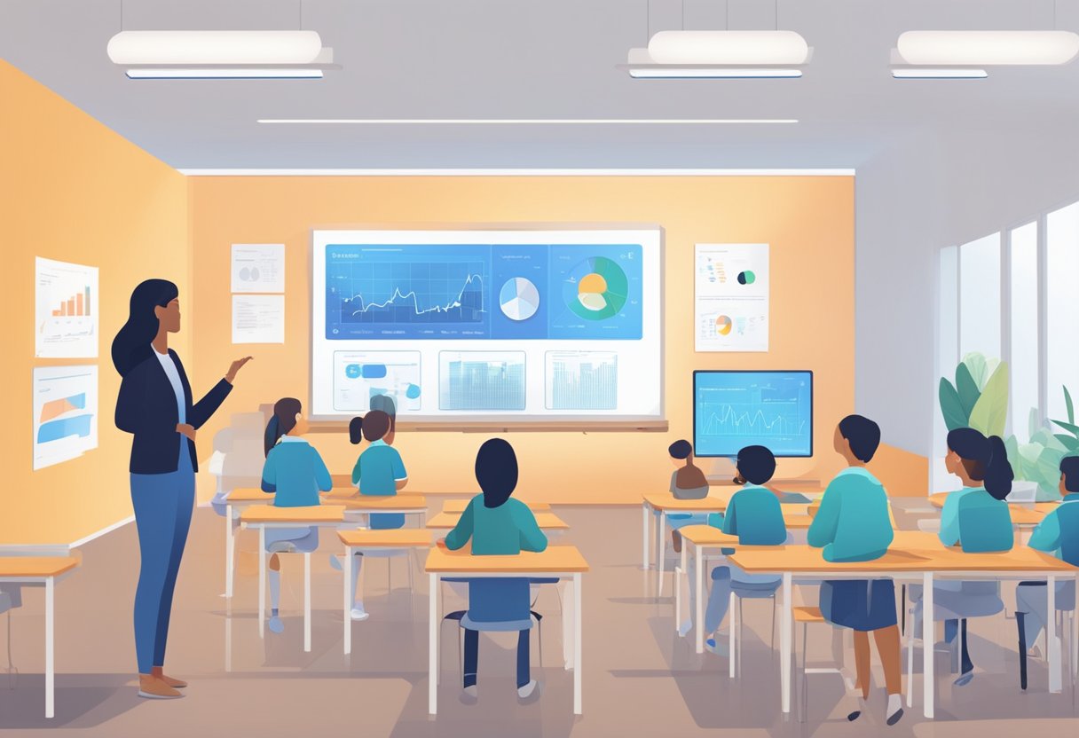 A classroom setting with various AI tools displayed on a digital screen, while a teacher interacts with the technology to assess and provide feedback to students