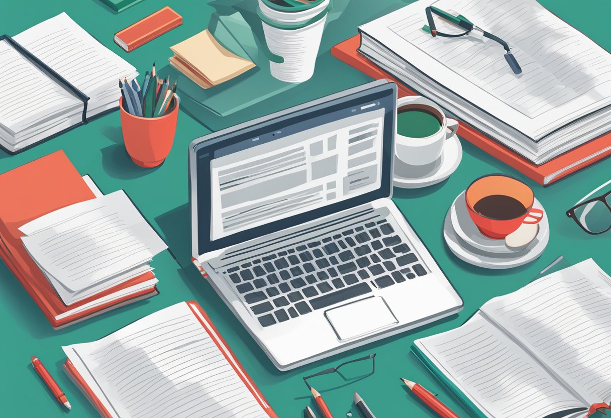 A student's paper sits on a desk, surrounded by open books and a laptop displaying the Grammarly website. A red pen hovers over the paper, ready to make revisions