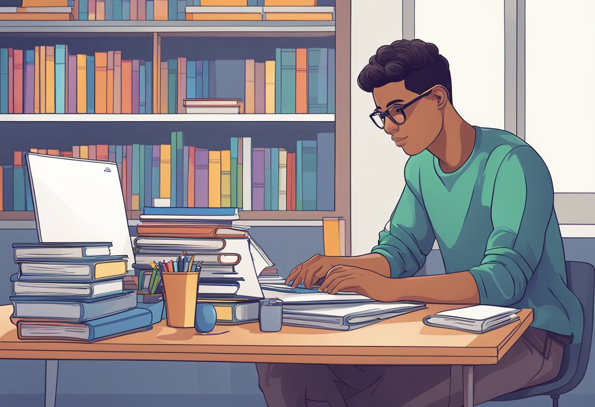 A student sitting at a desk, surrounded by books and a laptop, using Google AI tools for education