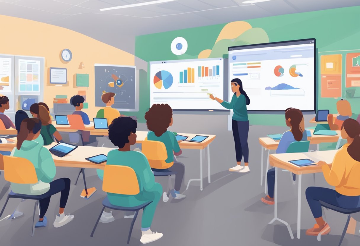 A classroom setting with students using Google AI tools on their devices while the educator demonstrates the essentials on a screen