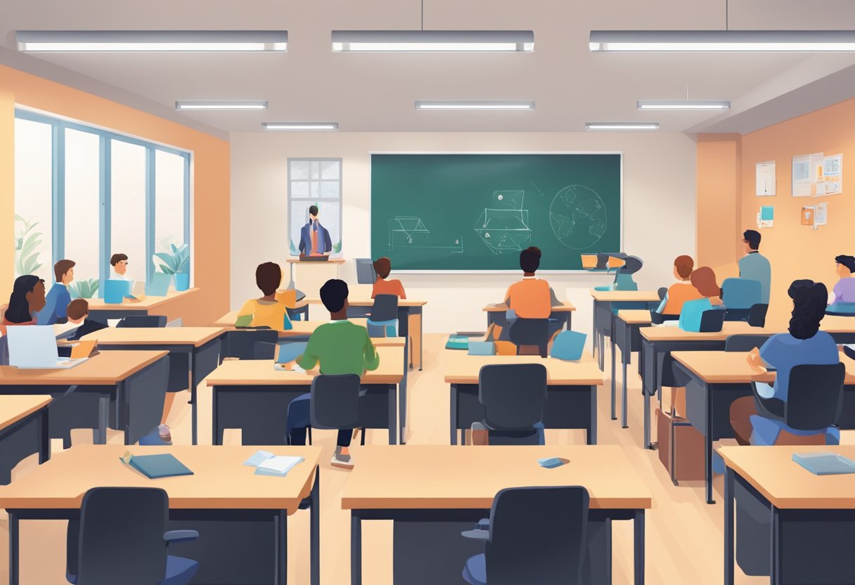 A classroom setting with various AI tools being used by students and teachers to enhance the learning experience
