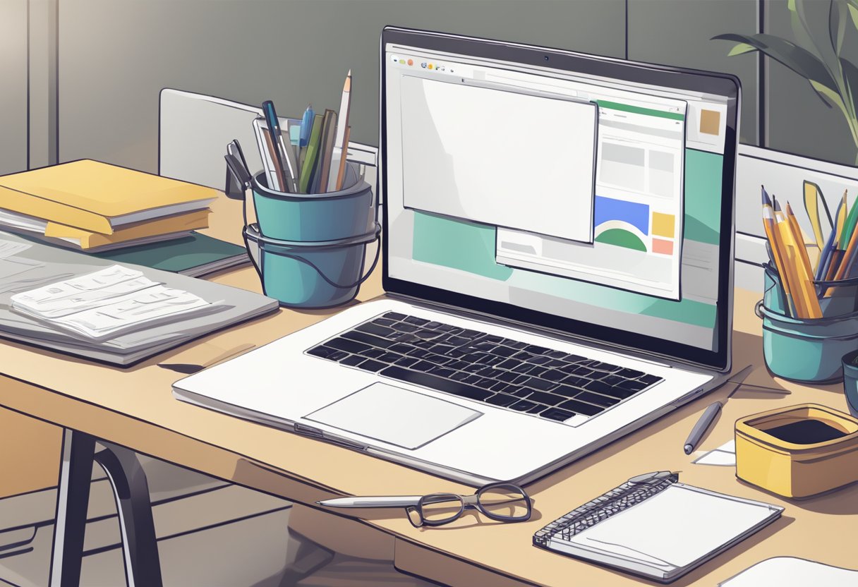A desk with a computer, notebook, and pen. AI tools like Google Classroom and Google Drive open on the screen