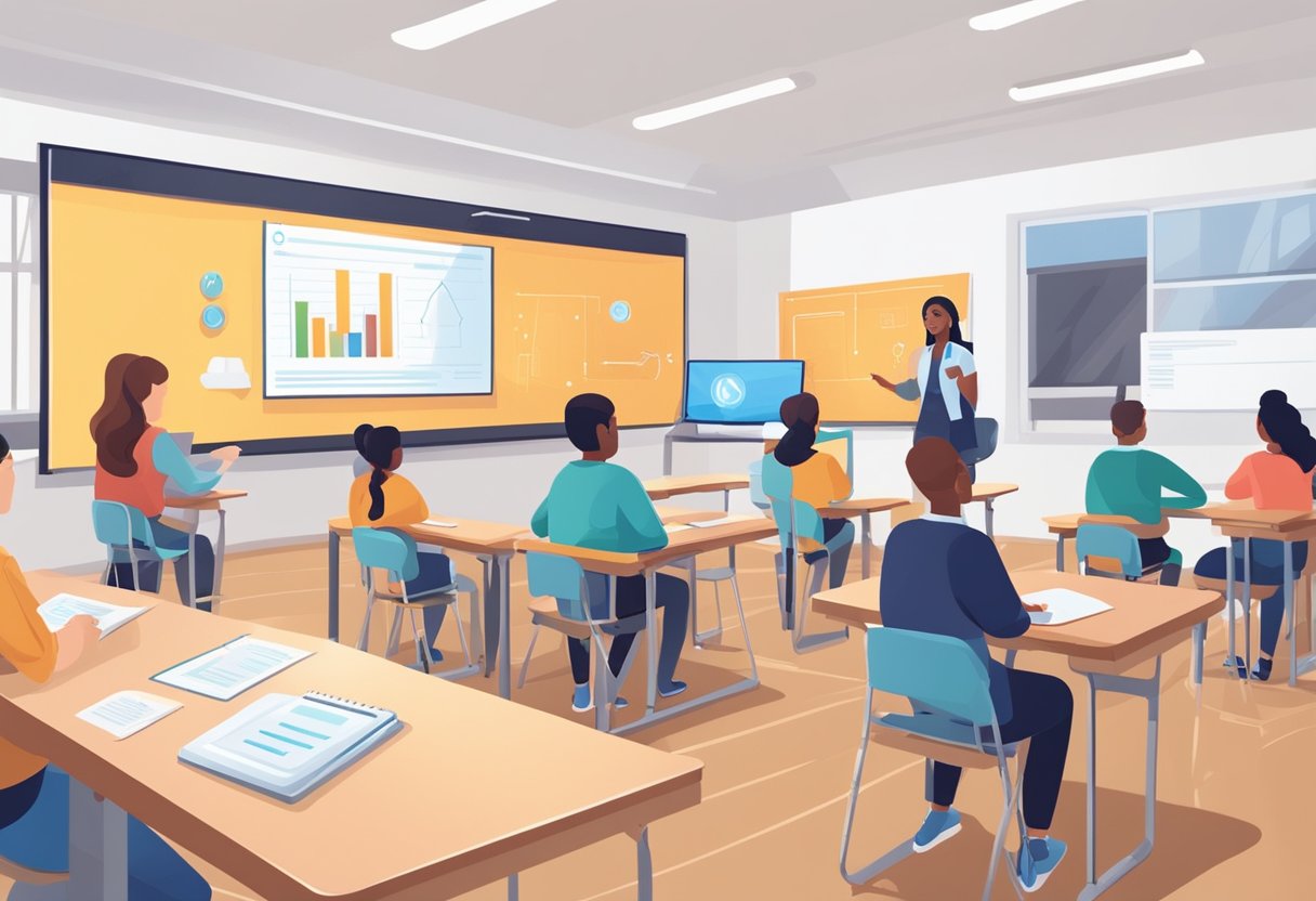 A classroom with students taking AI quizzes on tablets while a teacher monitors their progress on a large screen