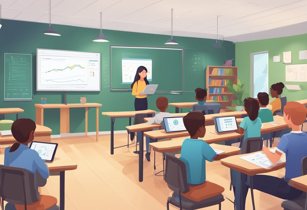A classroom with students using tablets to take AI quizzes, while a teacher monitors their progress on a digital dashboard