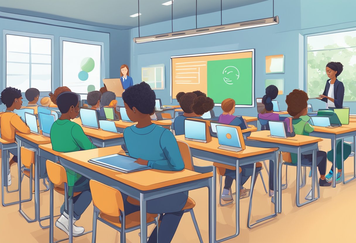 A classroom setting with students taking AI quizzes on tablets while a teacher monitors their progress on a computer