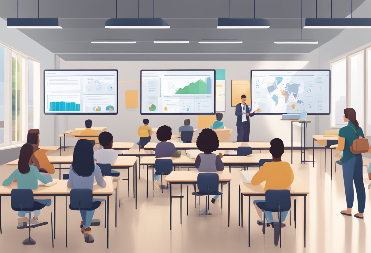 A classroom setting with AI quizzes displayed on interactive screens, students engaged in learning, and teachers monitoring progress