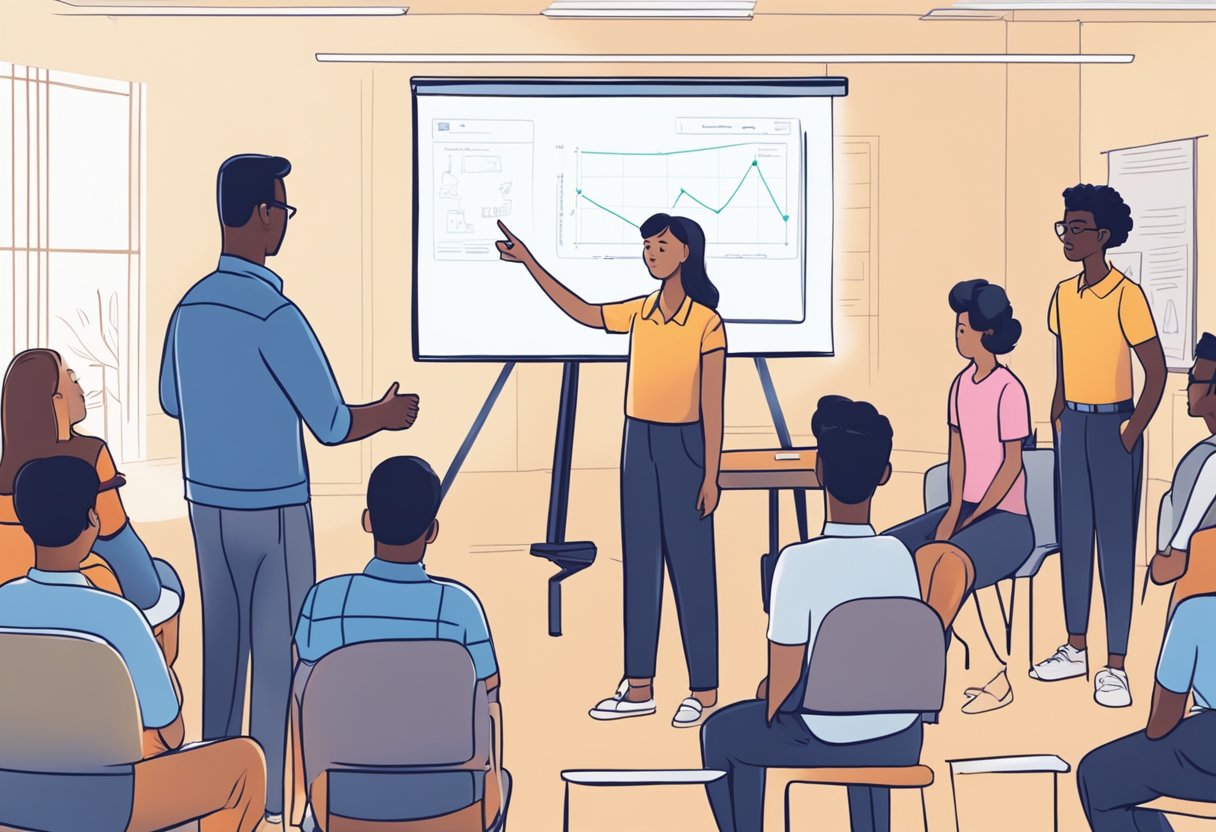 A teacher pointing at a virtual whiteboard while students engage in a lively discussion via ChatGPT