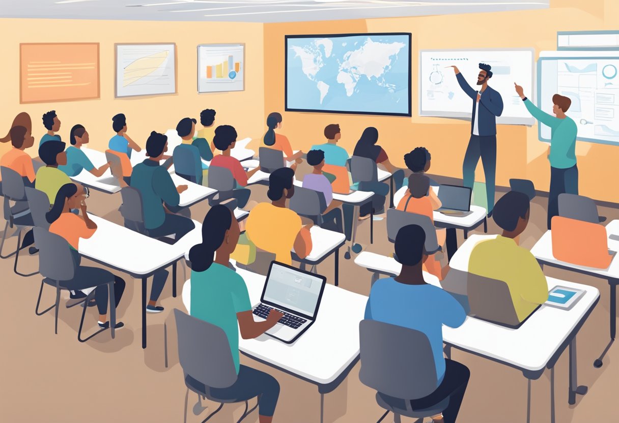 A classroom setting with students interacting with ChatGPT on their devices, while an educator points to a list of top features on a whiteboard