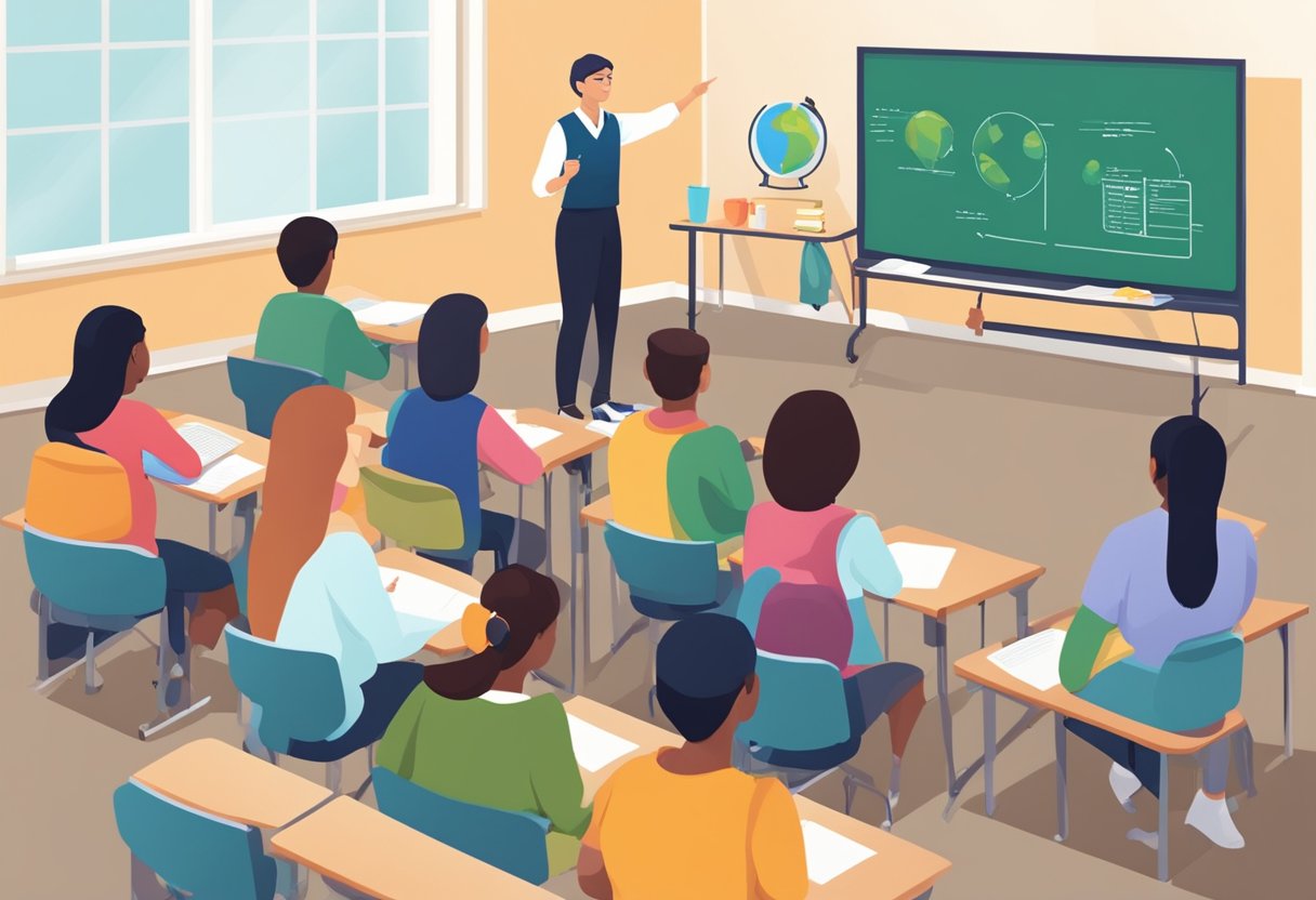 A classroom setting with a teacher pointing to a large whiteboard displaying key features of ChatGPT. Students are engaged and attentive
