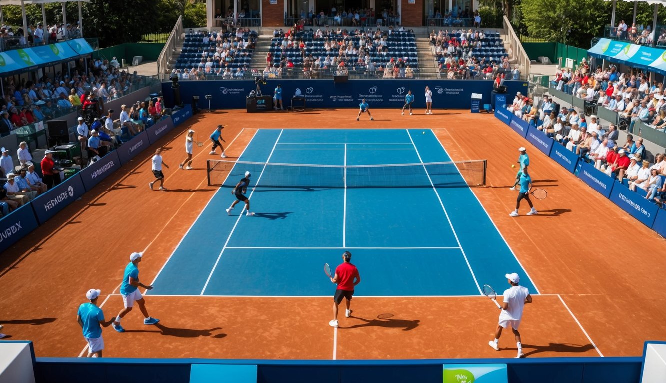 Sebuah lapangan tenis dengan pemain yang sedang bertanding, penonton, dan spanduk