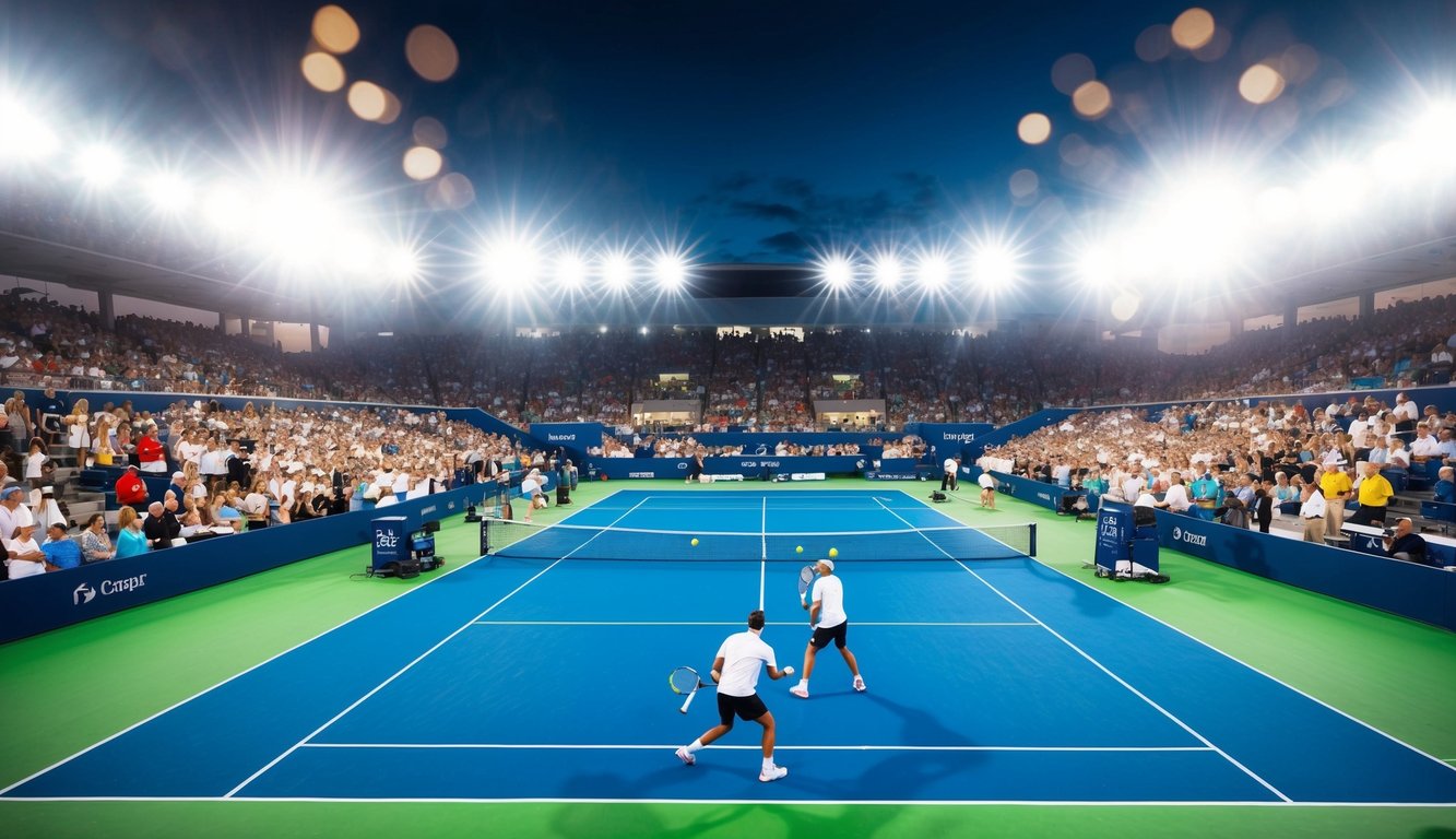 Sebuah lapangan tenis dengan pemain yang sedang beraksi, dikelilingi oleh penonton yang antusias dan lampu stadion yang terang