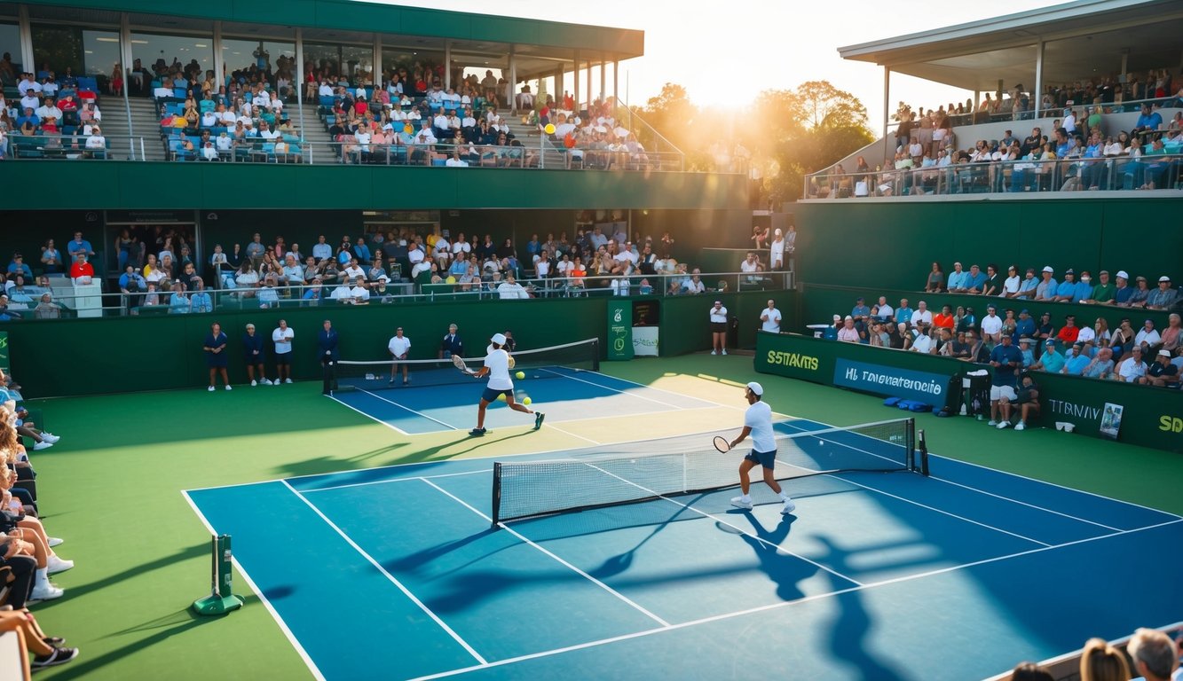 Sebuah pertandingan tenis yang sedang berlangsung di lapangan yang diterangi sinar matahari, dengan pemain yang sedang beraksi dan sekelompok penonton yang menonton dari tribun.