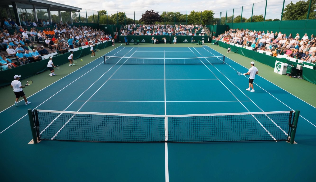 Sebuah lapangan tenis dengan pemain di sisi berlawanan, sebuah jaring memisahkan mereka, dan penonton menonton dari pinggir lapangan