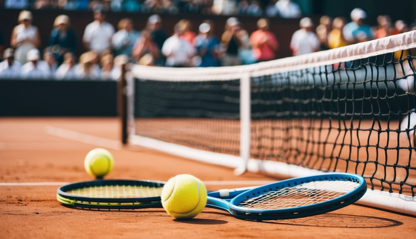 Sebuah pertandingan tenis dengan jaring, raket, dan bola tenis di lapangan tanah liat dengan penonton di latar belakang