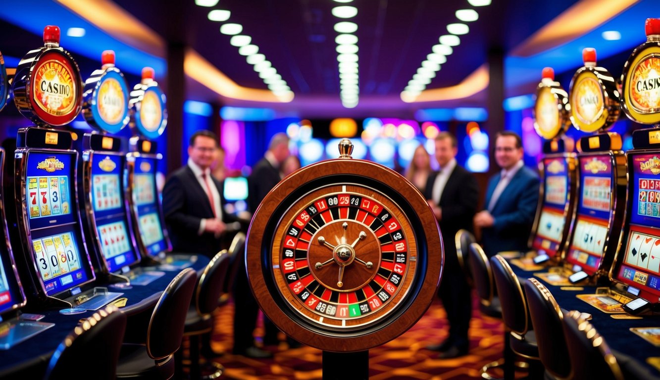 Sebuah kasino digital yang berwarna-warni dan cerah dengan mesin slot, meja kartu, dan roda roulette yang dikelilingi oleh pemain yang antusias