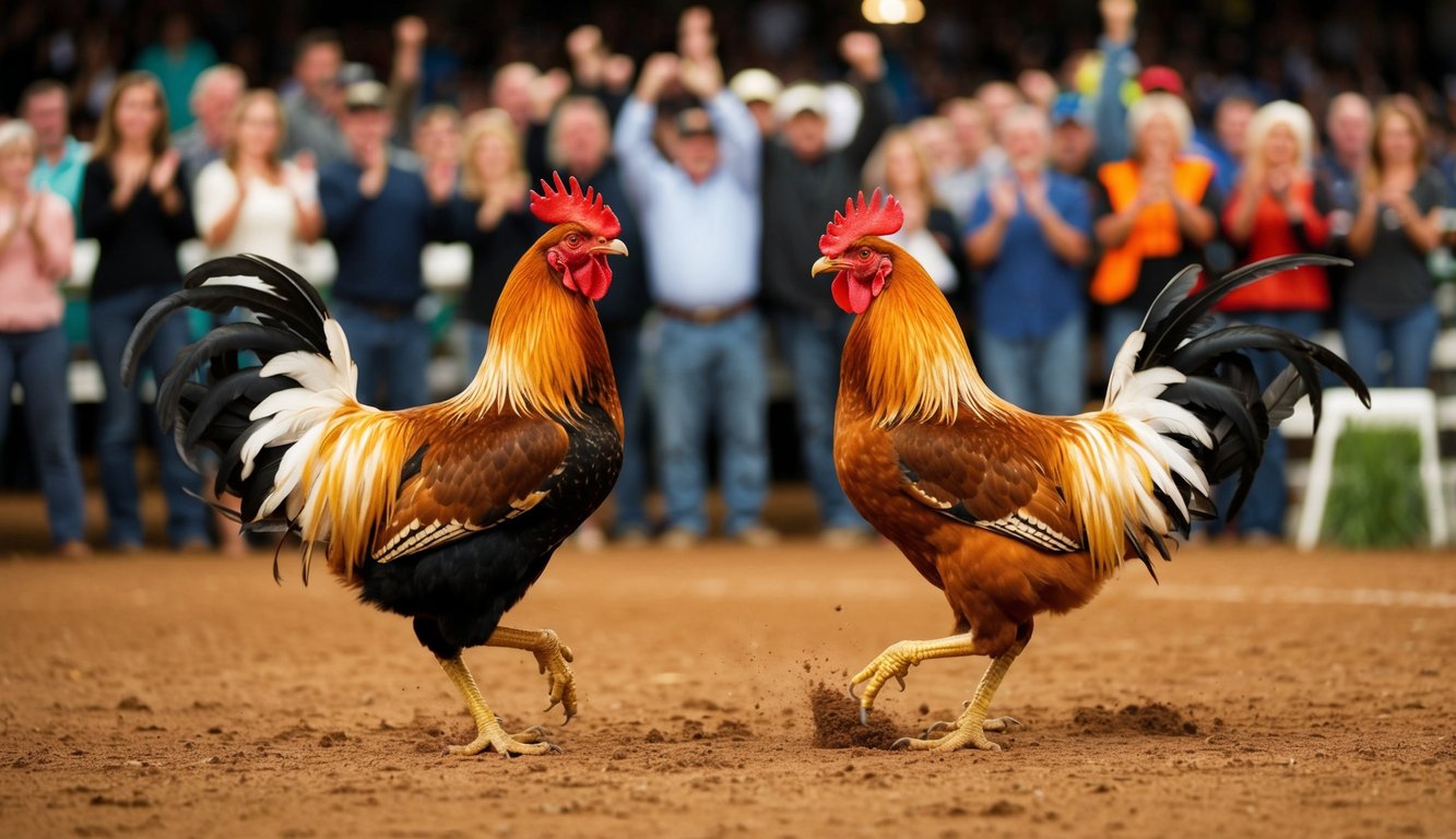 Dua ayam jantan bertarung di arena tanah yang dikelilingi oleh penonton yang bersorak.