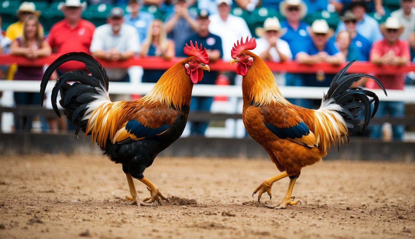 Dua ayam jantan berhadapan di arena tanah yang dikelilingi oleh penonton yang bersorak