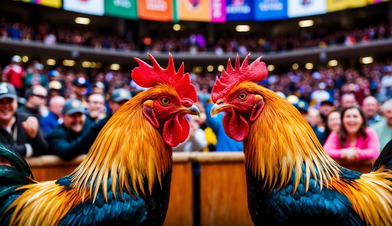 Dua ayam jantan berhadapan di arena yang ramai, dikelilingi oleh penonton yang bersorak dan spanduk berwarna-warni