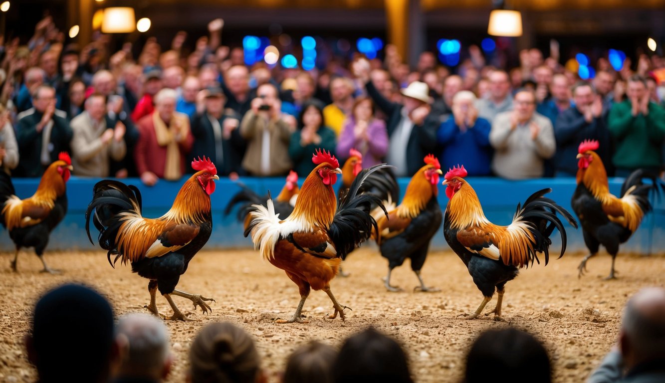 Sebuah arena yang ramai dengan ayam jantan dalam pertarungan sengit, dikelilingi oleh penonton yang antusias