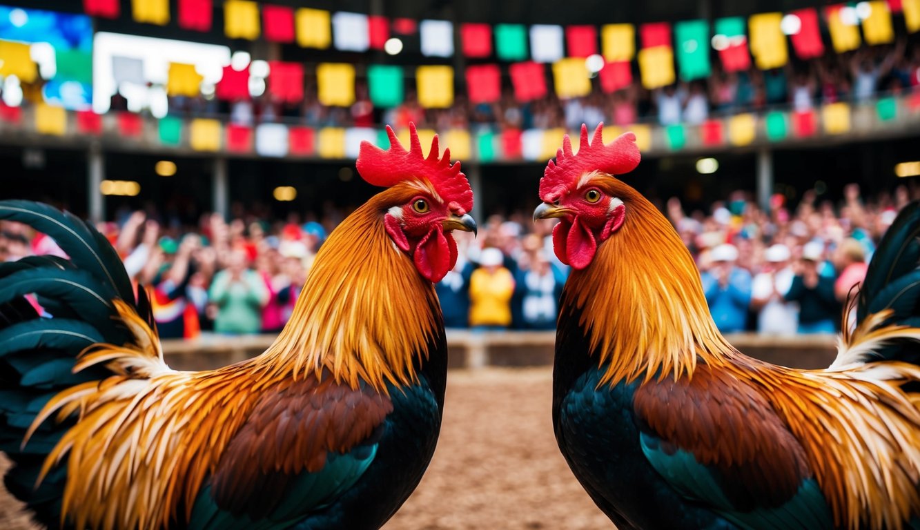 Dua ayam jantan berhadapan di arena luar ruangan yang ramai, dikelilingi oleh penonton yang bersorak dan spanduk berwarna-warni