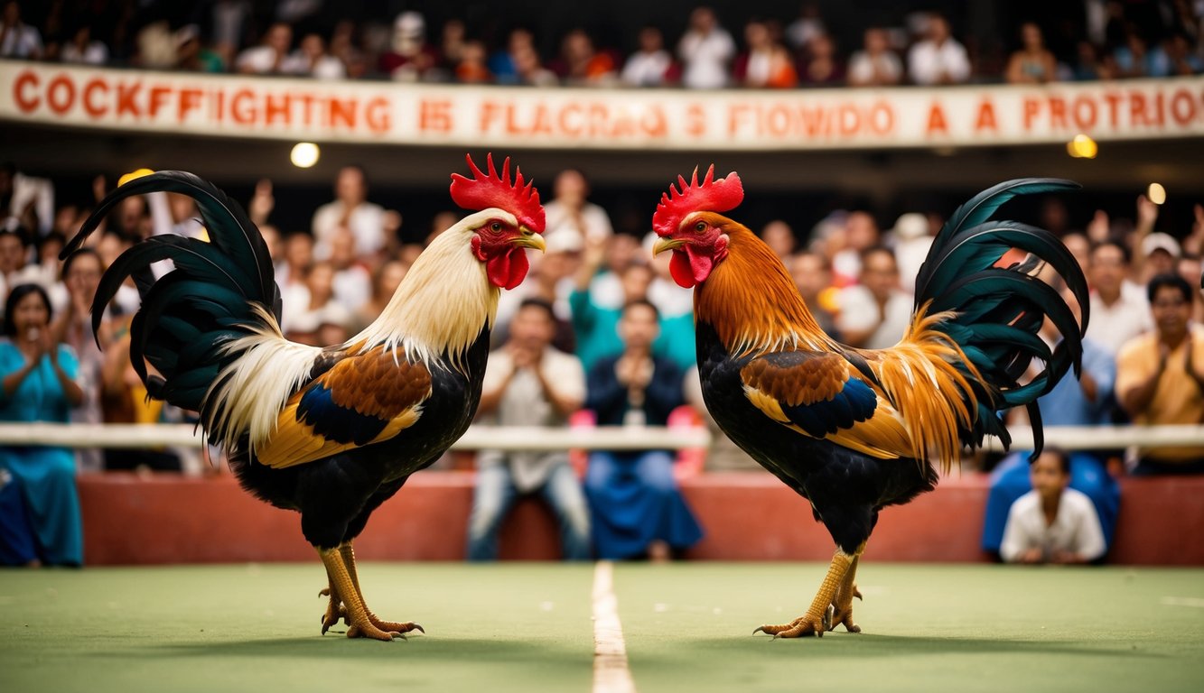 Sebuah arena sabung ayam dengan dua ayam jantan yang saling berhadapan, dikelilingi oleh kerumunan penonton yang bersorak dan memasang taruhan