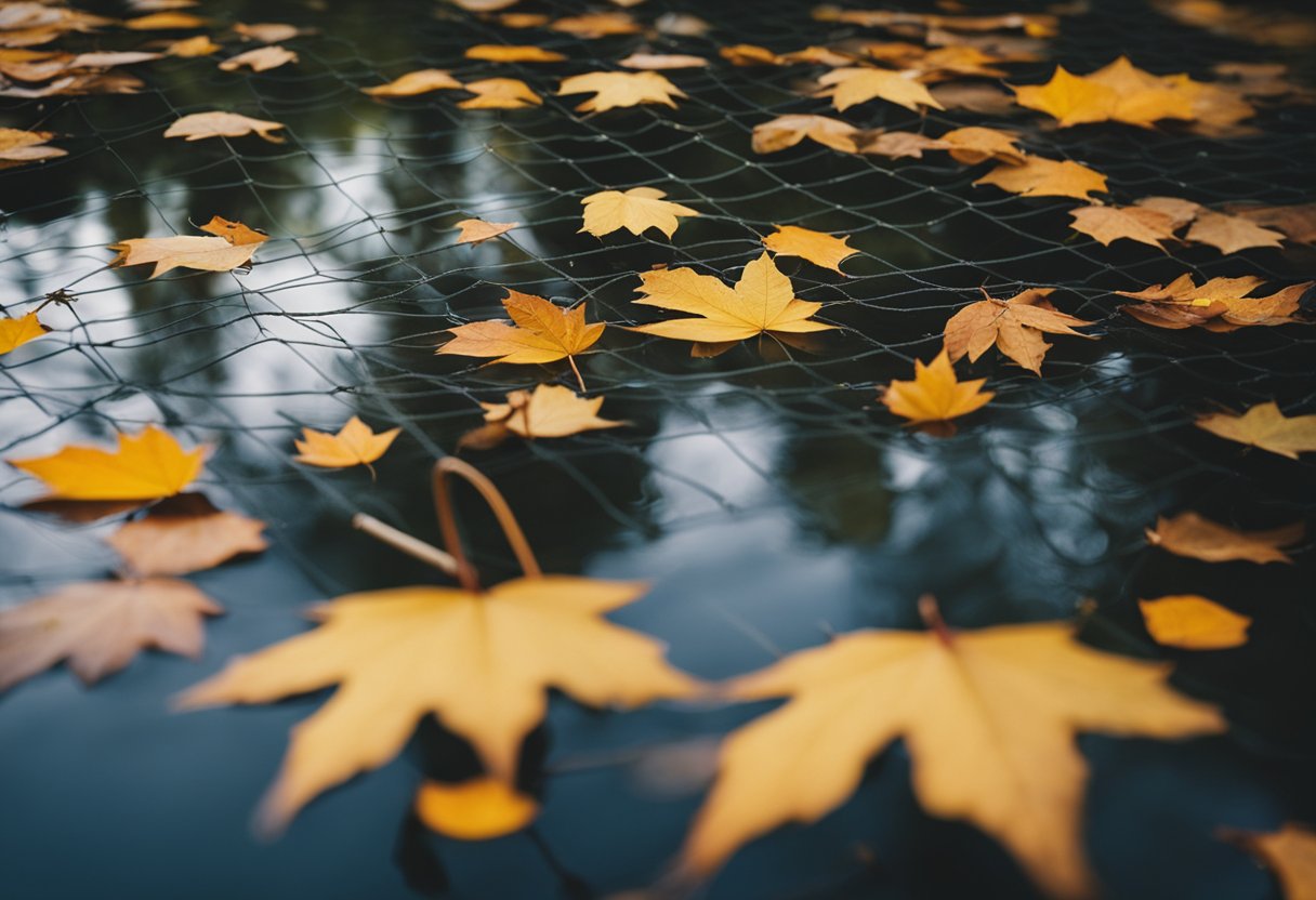 Autumn leaves fall onto a serene pond, where a net is being carefully placed to protect the water from debris