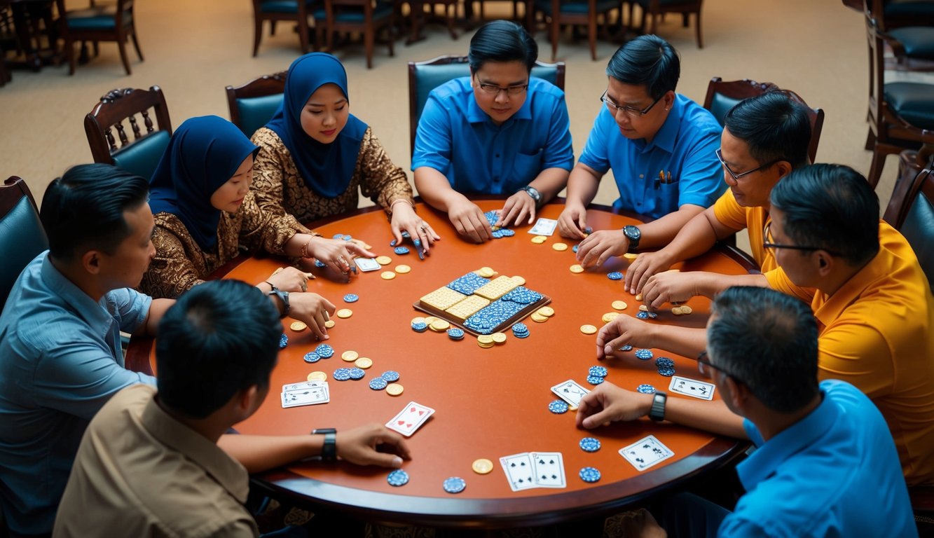 Sekelompok orang berkumpul di sekitar meja, bermain permainan kartu tradisional Indonesia, dengan chip dan kartu berserakan di sekitarnya.