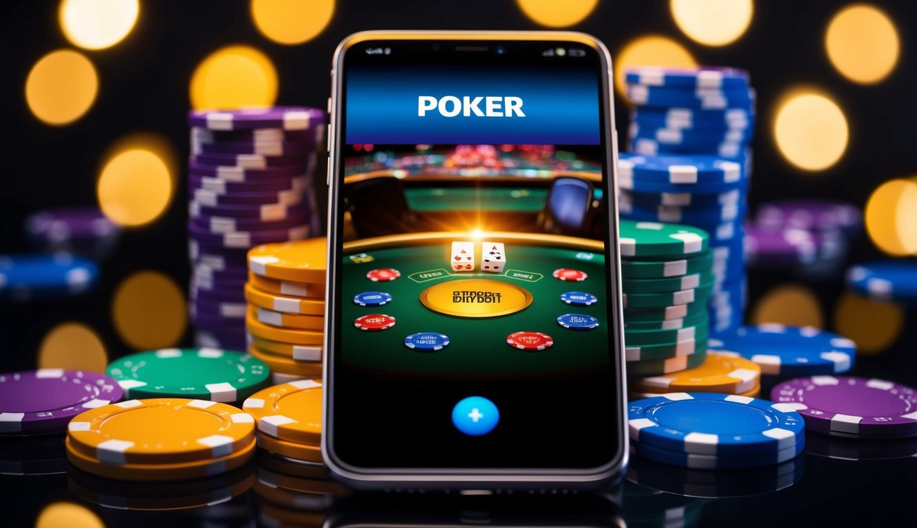 Sebuah smartphone dengan layar yang bersinar menampilkan permainan poker online, dikelilingi oleh chip berwarna-warni dan tombol deposit yang berdenyut.