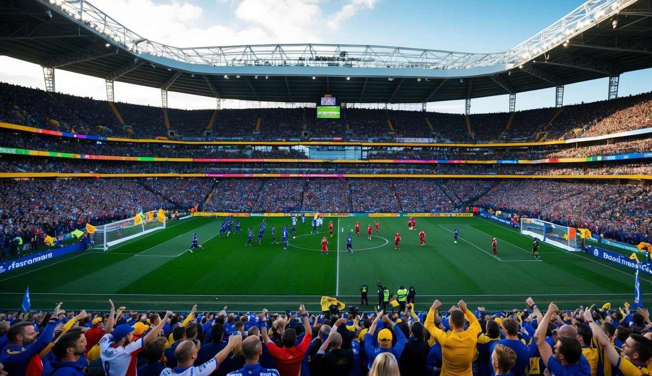 Sebuah stadion yang ramai dengan penggemar yang bersorak dan pemain di lapangan, dikelilingi oleh spanduk dan bendera berwarna-warni