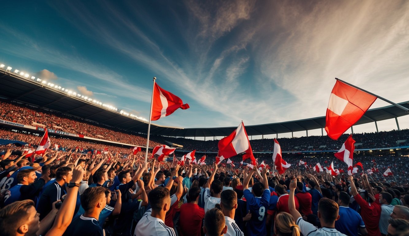 Sebuah stadion sepak bola yang ramai dengan para penggemar bersorak dan mengibarkan bendera