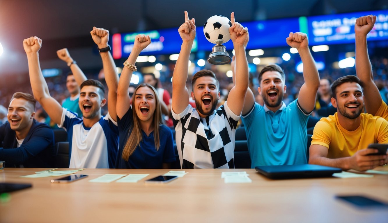 Sekelompok penggemar sepak bola bersorak dan memasang taruhan di sportsbook online