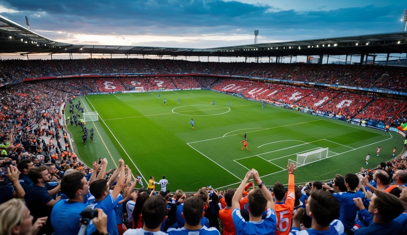 Sebuah stadion sepak bola yang ramai dengan penggemar yang bersorak dan pemain di lapangan