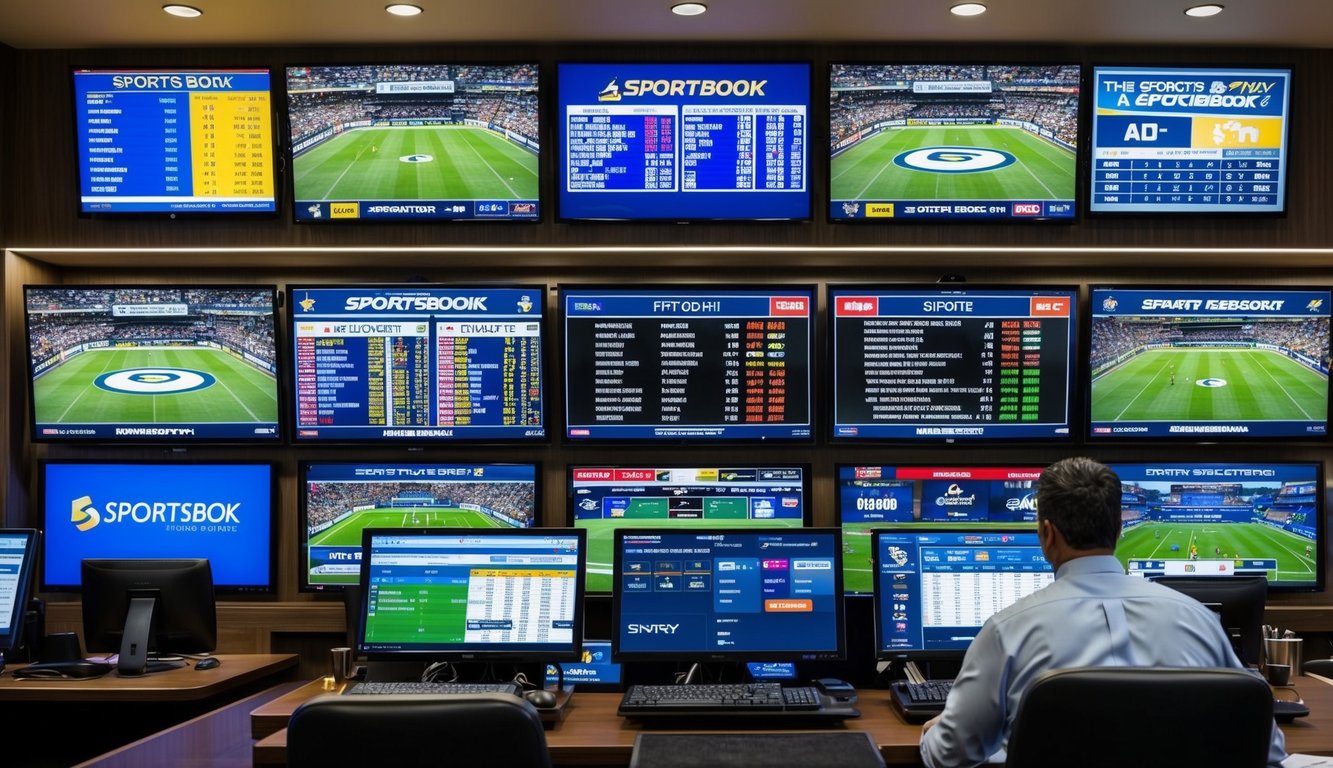 Sebuah sportsbook dengan reputasi yang terpercaya, menampilkan berbagai acara olahraga dan odds yang ditampilkan di layar elektronik dan poster.