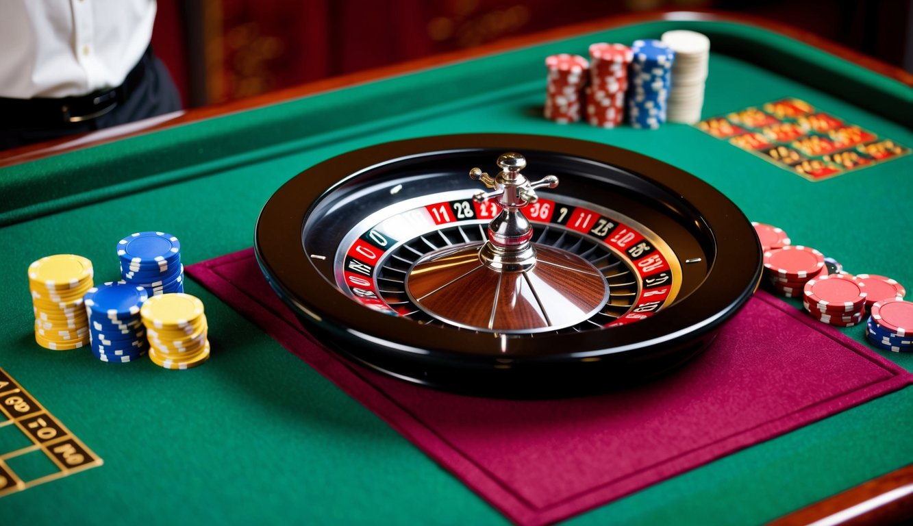 Roda roulette berputar di atas meja felt hijau, dikelilingi oleh chip taruhan berwarna-warni