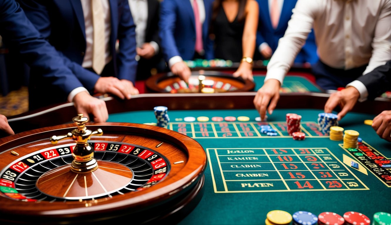 Sebuah meja perjudian roulette yang ramai dengan roda yang berputar, chip berwarna-warni, dan pemain yang antusias memasang taruhan