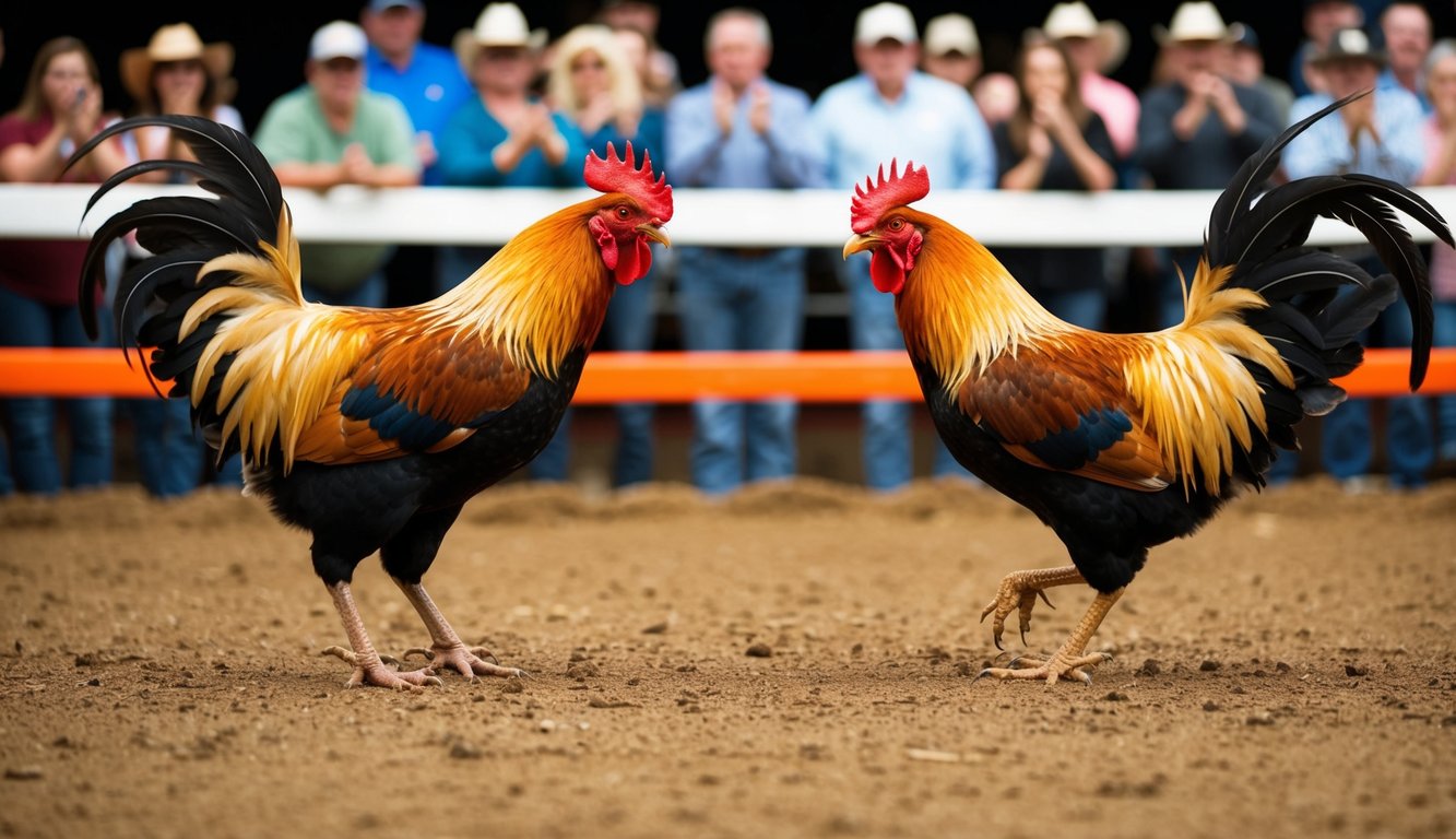 Dua ayam jantan berhadapan di arena tanah, dikelilingi oleh kerumunan penonton yang bersorak