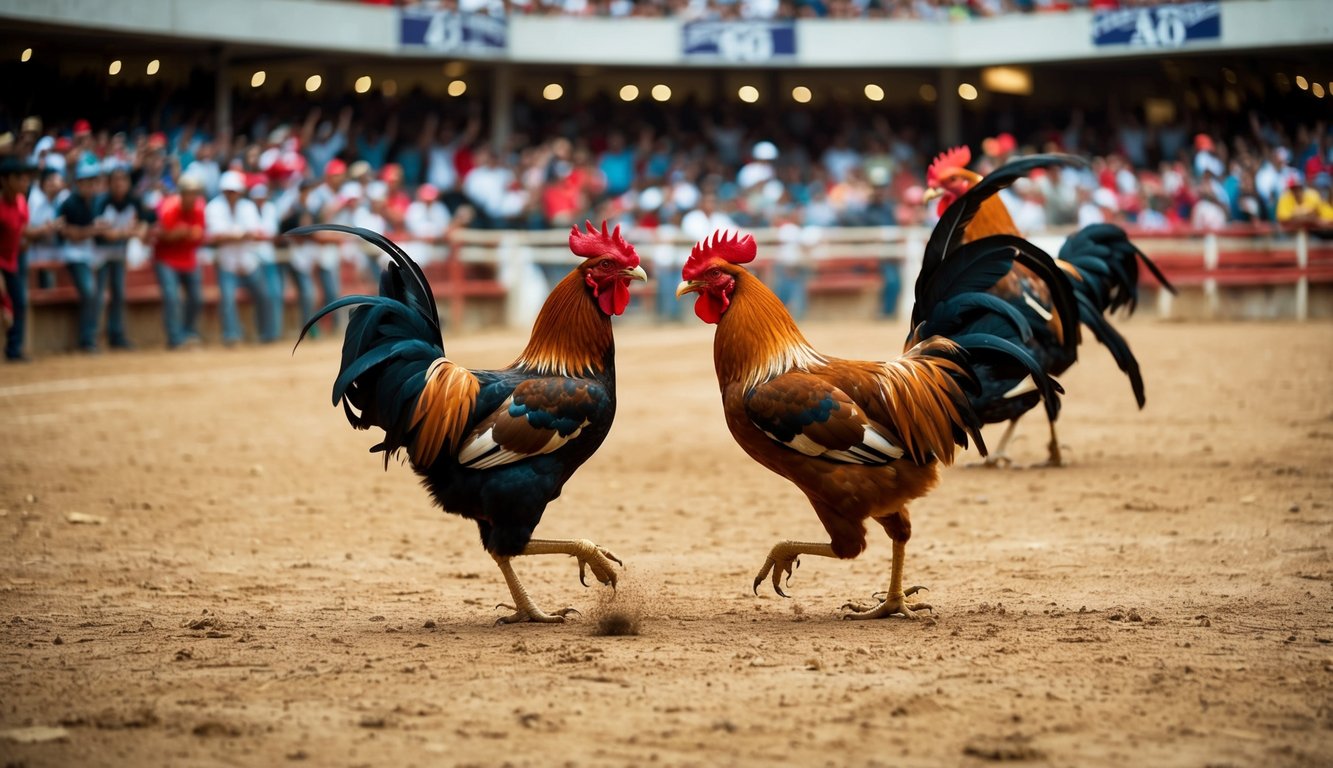 Arena sabung ayam yang ramai dengan penonton yang bersorak dan dua ayam jantan yang terlibat dalam pertarungan