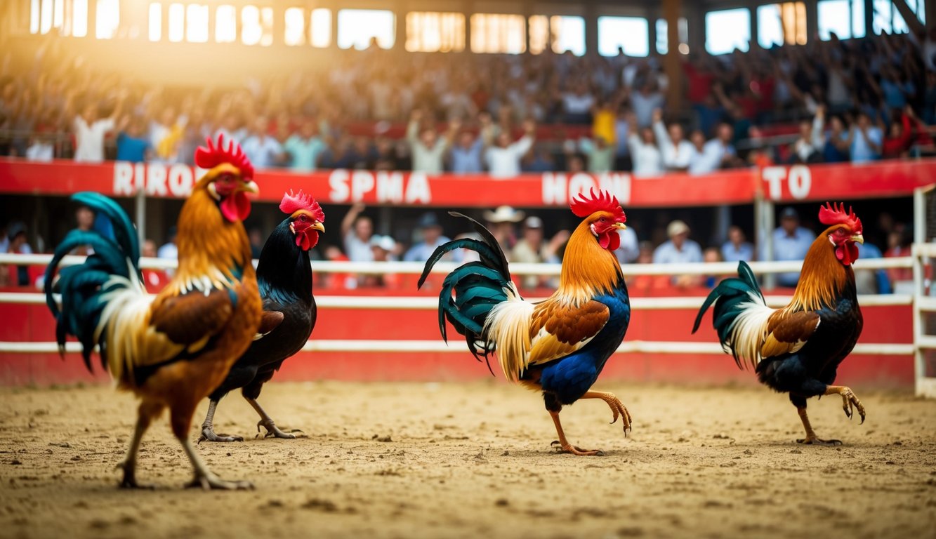 Sebuah arena sabung ayam yang ramai dengan penonton yang bersorak dan ayam jantan berwarna-warni di ring