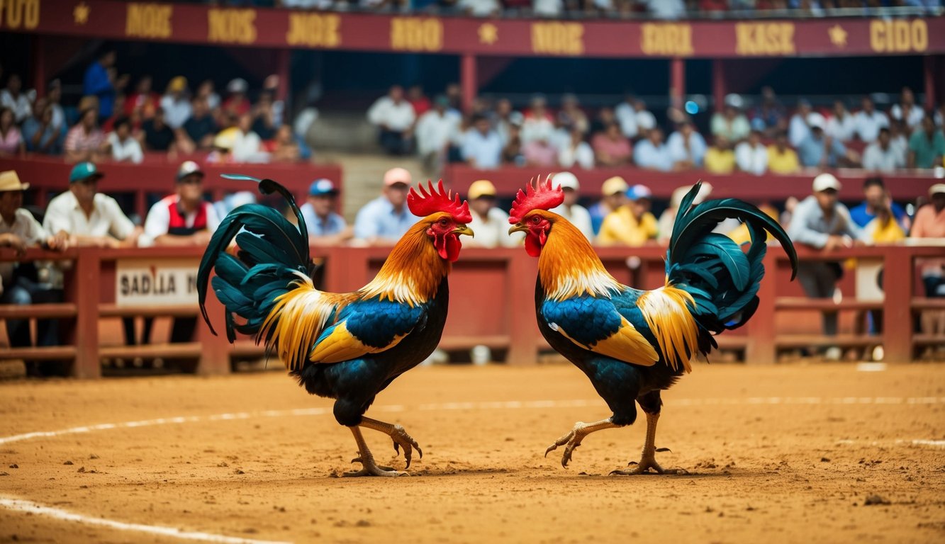 Sebuah arena yang ramai dengan ayam jantan berwarna-warni yang saling berhadapan dalam pertandingan sabung ayam resmi. Penonton bersorak dan memasang taruhan dari pinggir arena.