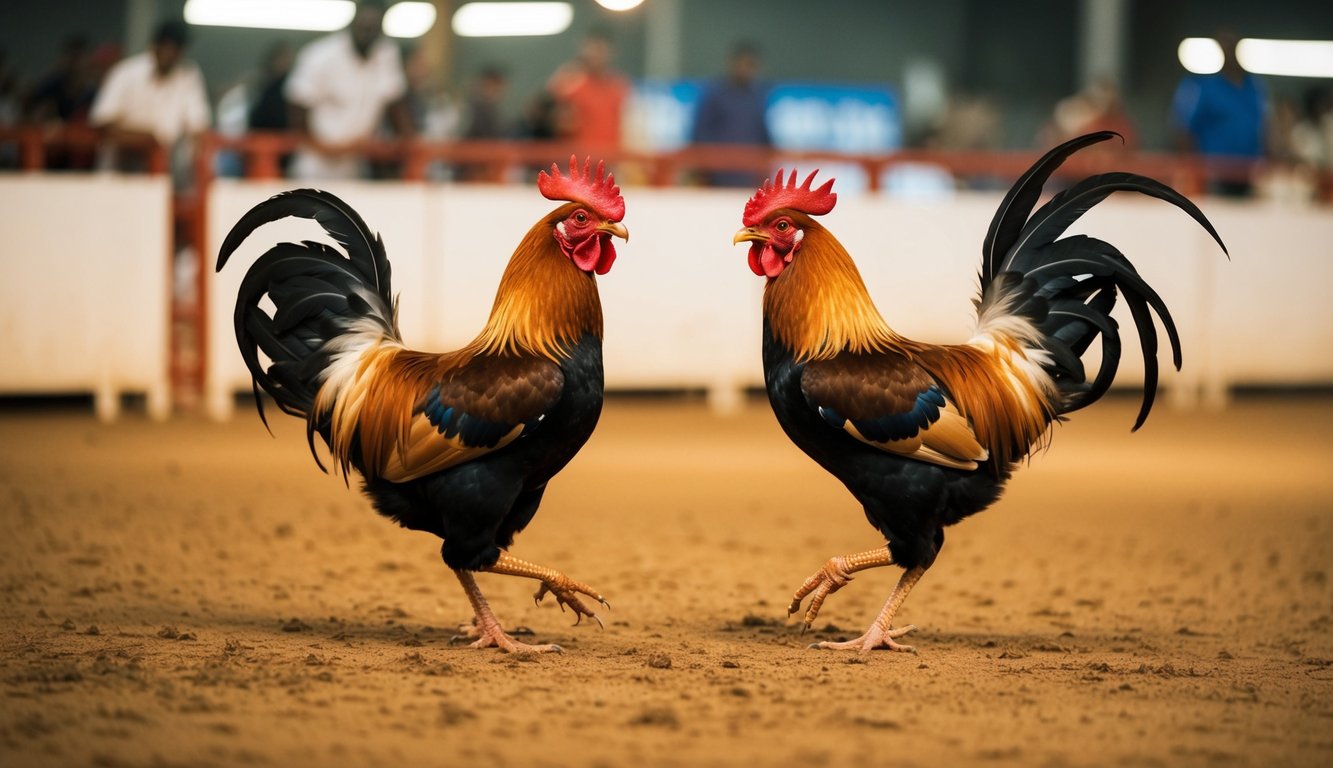 Dua ayam jantan bertarung di arena sabung ayam langsung