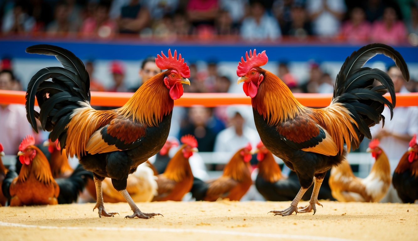 Dua ayam jantan berhadapan di arena sabung ayam sv388 yang ramai